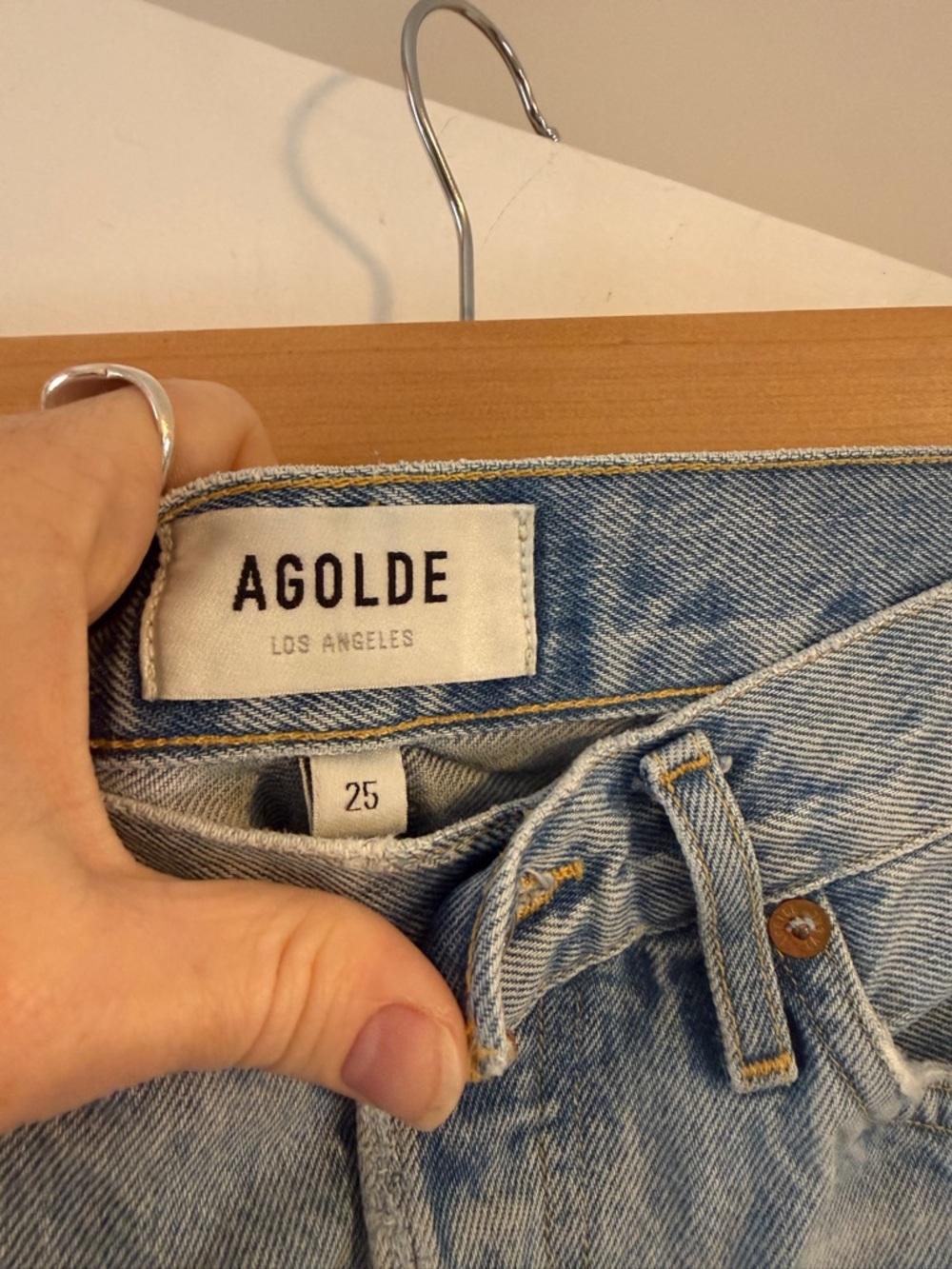 AGOLDE High Rise Light Blue Distressed Denim Cutoff Shorts - Picture 2 of 5